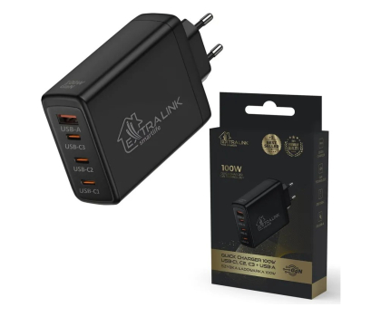 Ładowarka i akumulator ExtraLink SMART LIFE GAN CHARGER 100W, 3xUSB-C+USB-A, BLACK, CHARESL01